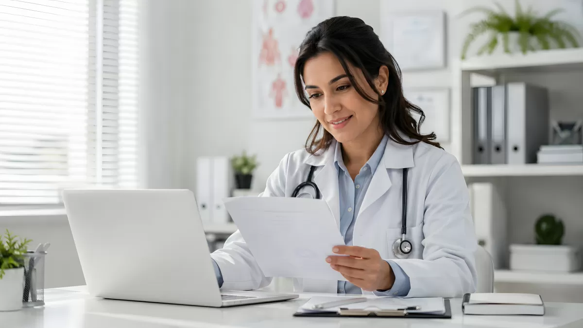 Ärztin liest Patientenakte an ihrem Schreibtisch