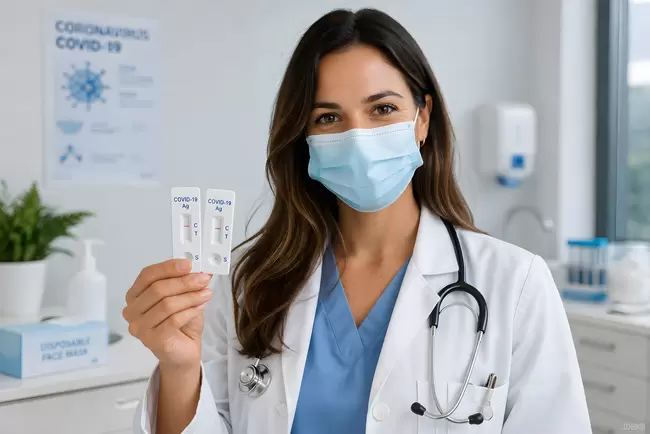 Ärztin mit Covid-19-Schnelltest in medizinischem Umfeld