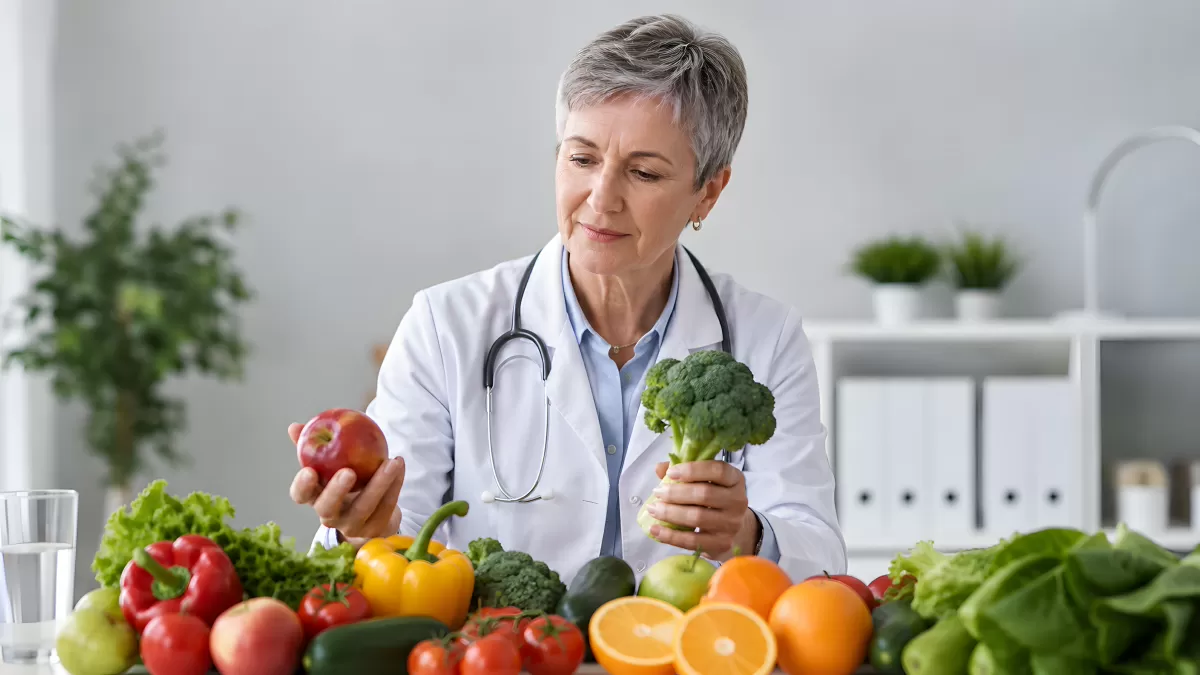 Ärztin mit frischem Gemüse und Obst in der Praxis