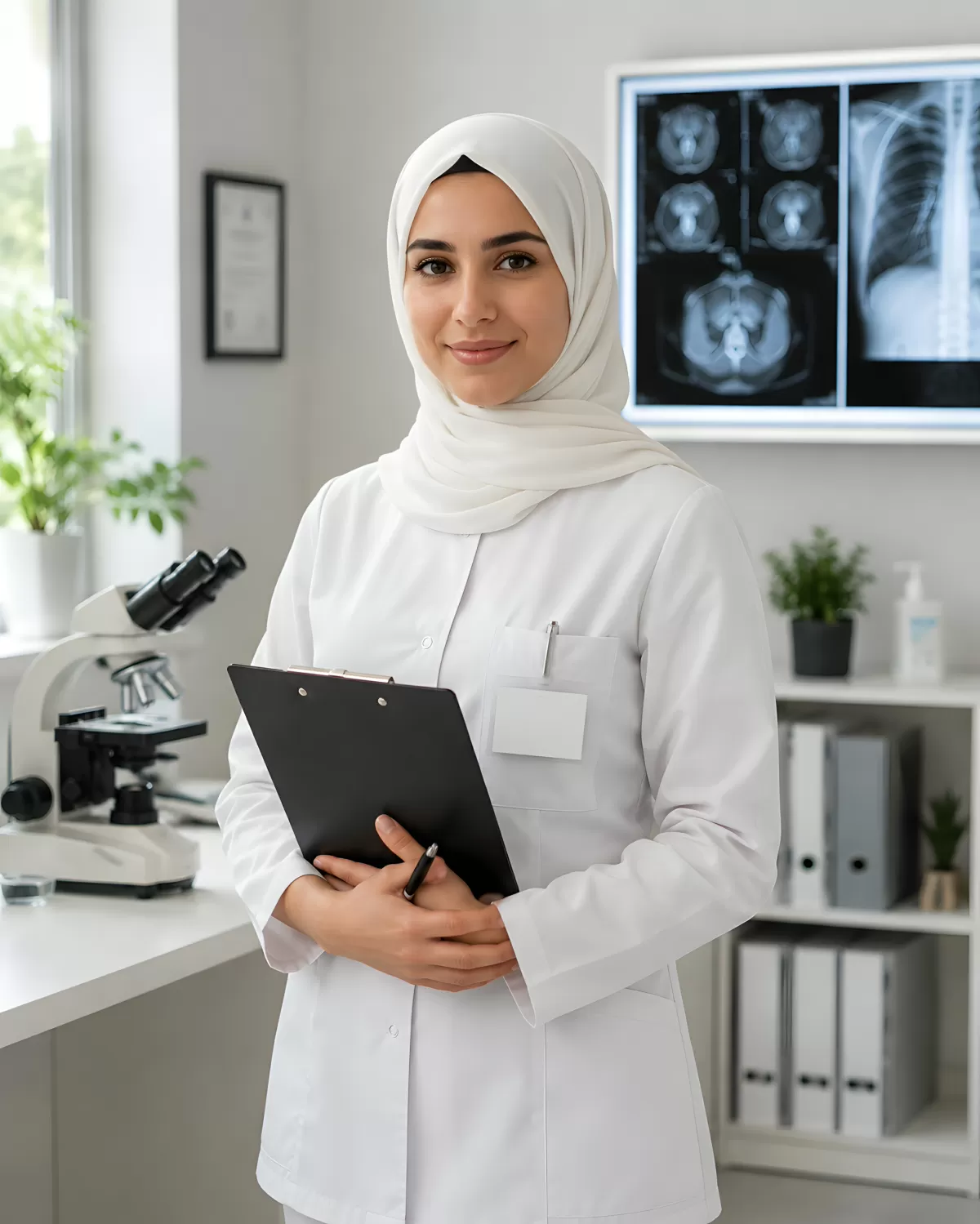 Ärztin mit Hijab hält Klemmbrett in moderner Praxis