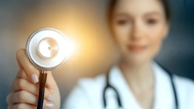 Ärztin mit Stethoskop für einen Gesundheitscheck