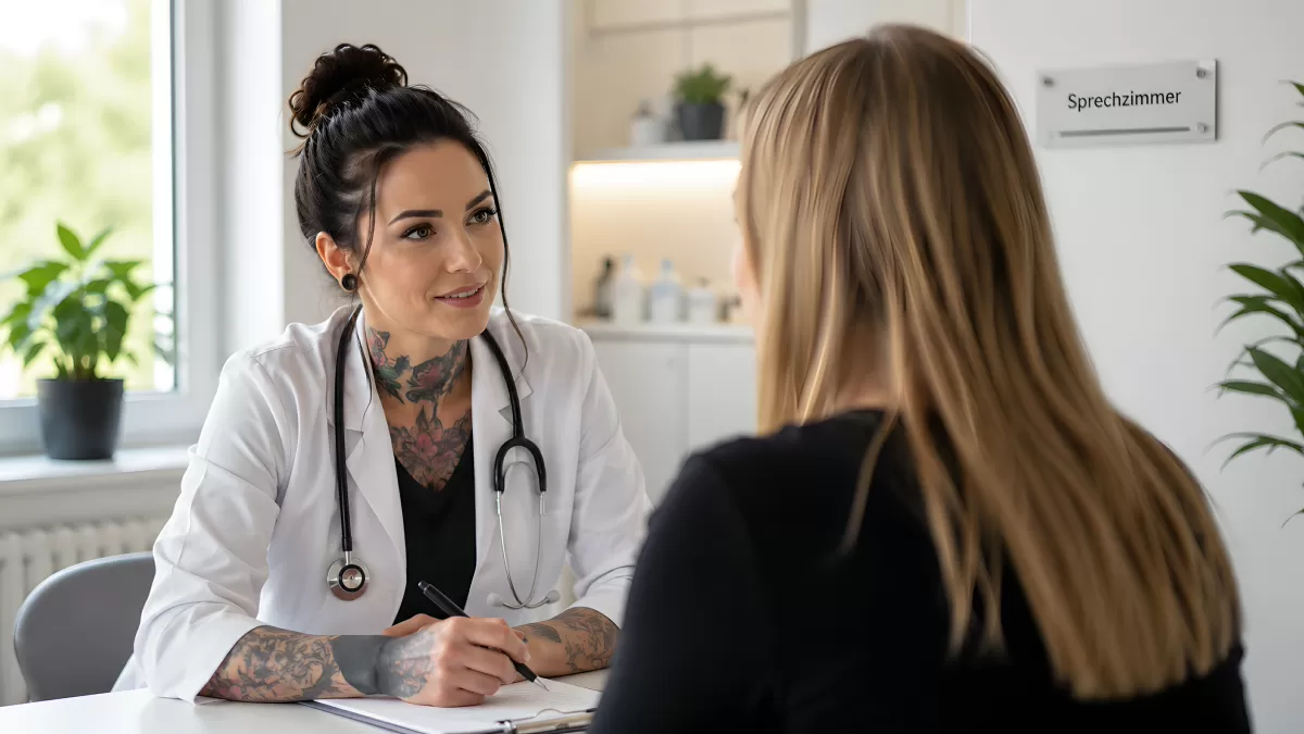 Ärztin mit Tattoos berät Patientin im Sprechzimmer