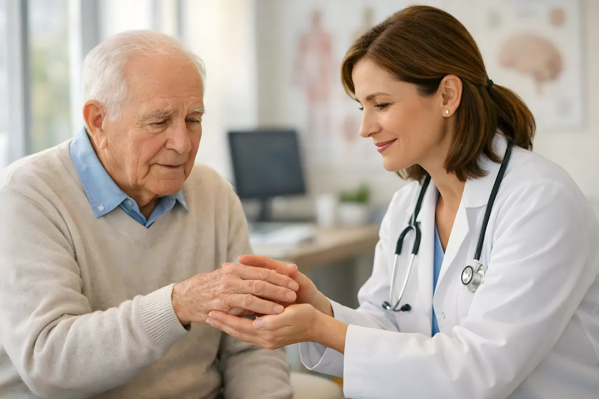 Ärztin untersucht die Hand eines älteren Patienten