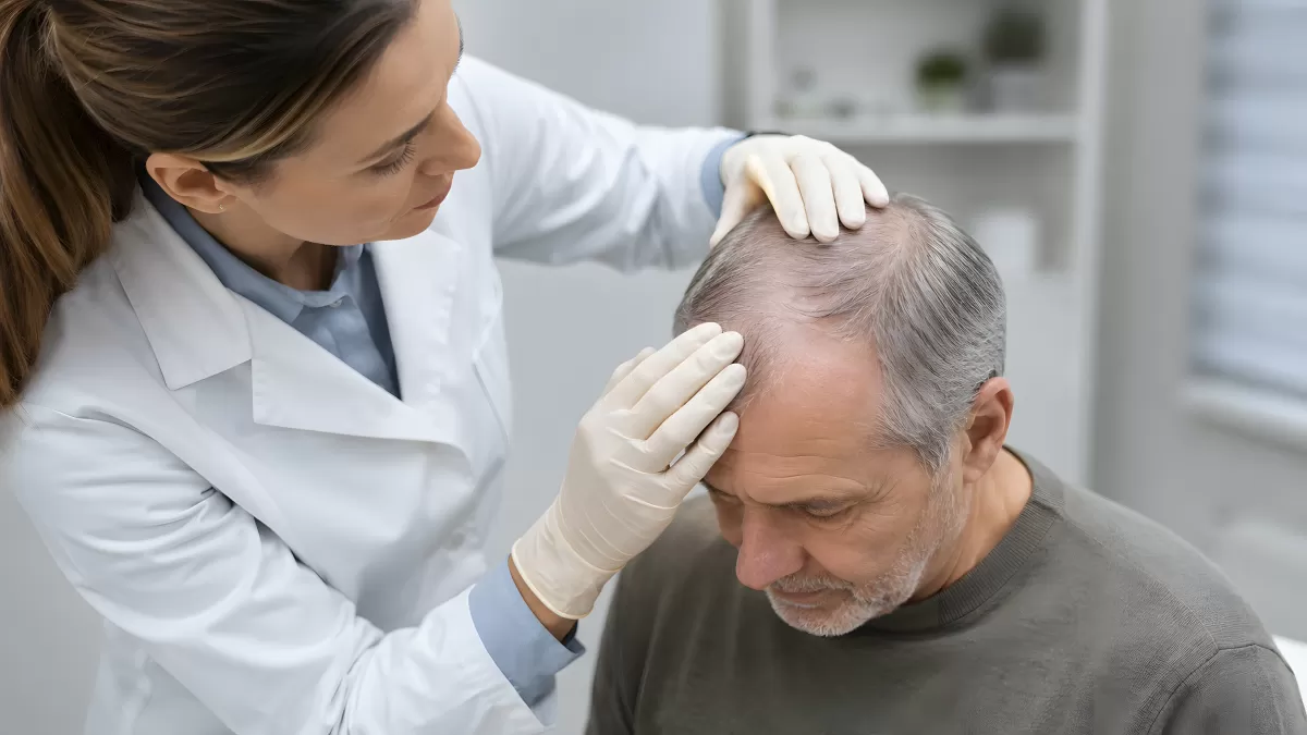 Ärztin untersucht Haarausfall bei älterem Mann