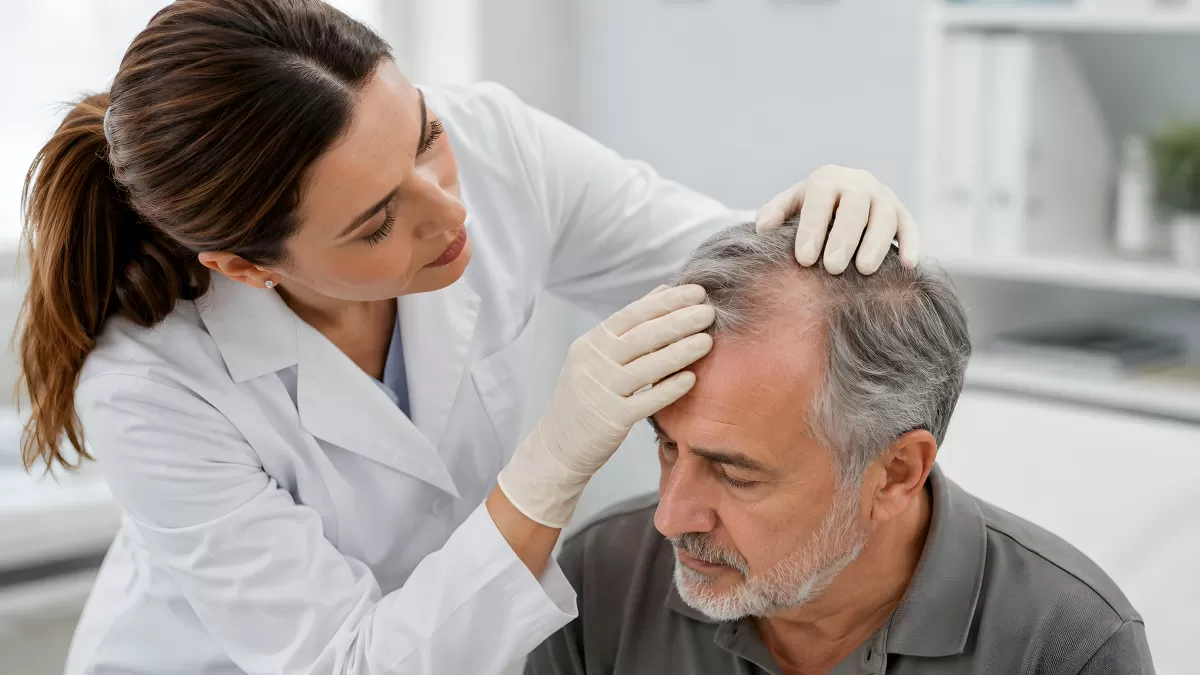 Ärztin untersucht Haare eines älteren Mannes