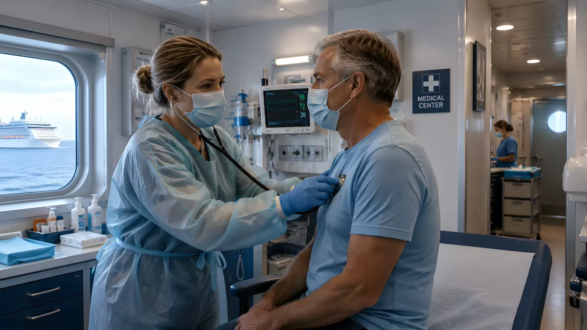 Ärztin untersucht Patienten im Bordmedizinzentrum