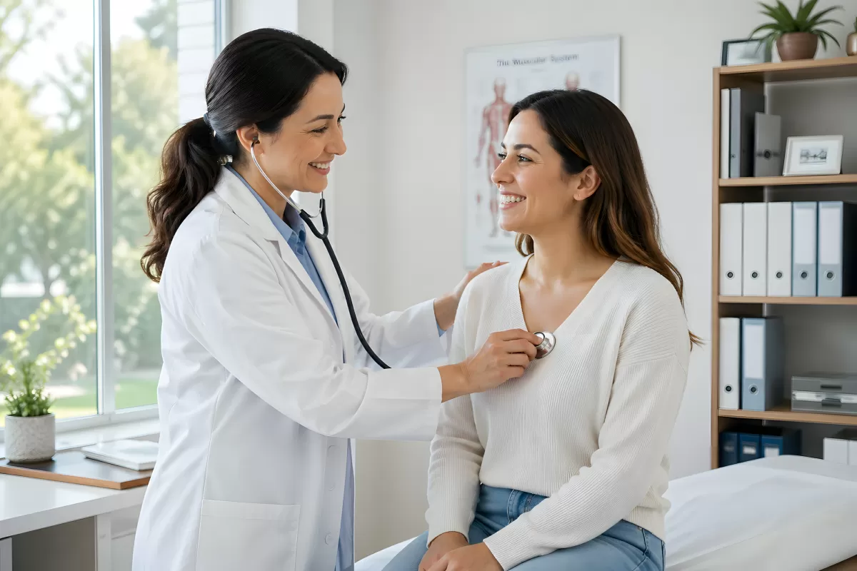 Ärztin untersucht Patientin mit Stethoskop beim Arztbesuch