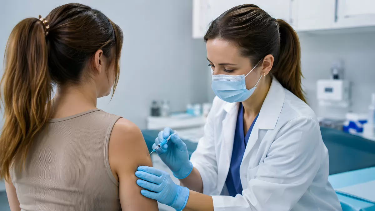 Ärztin verabreicht Patientin eine HPV-Impfung am Arm
