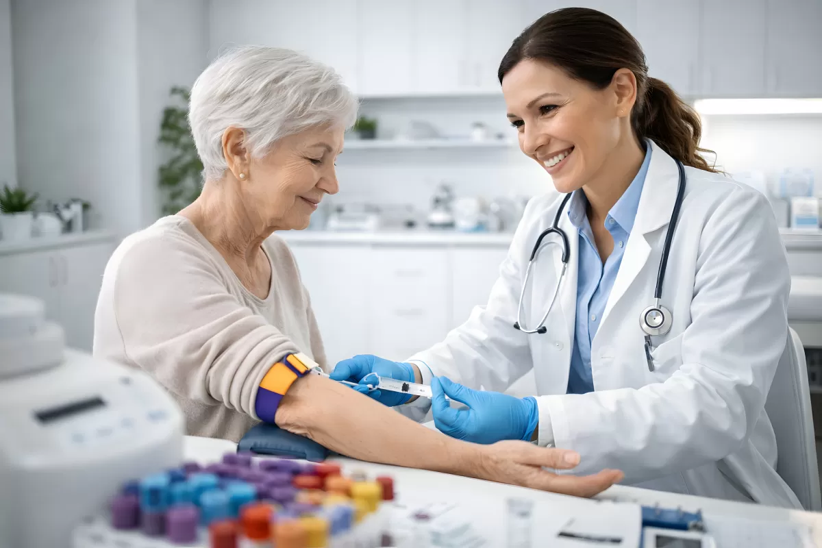 Ärztin versorgt lächelnde ältere Patientin im Arztbesuch