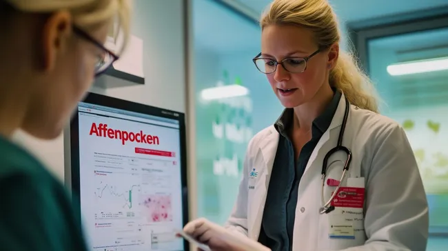 Ärztin zeigt Patienten Grafik zu Affenpocken