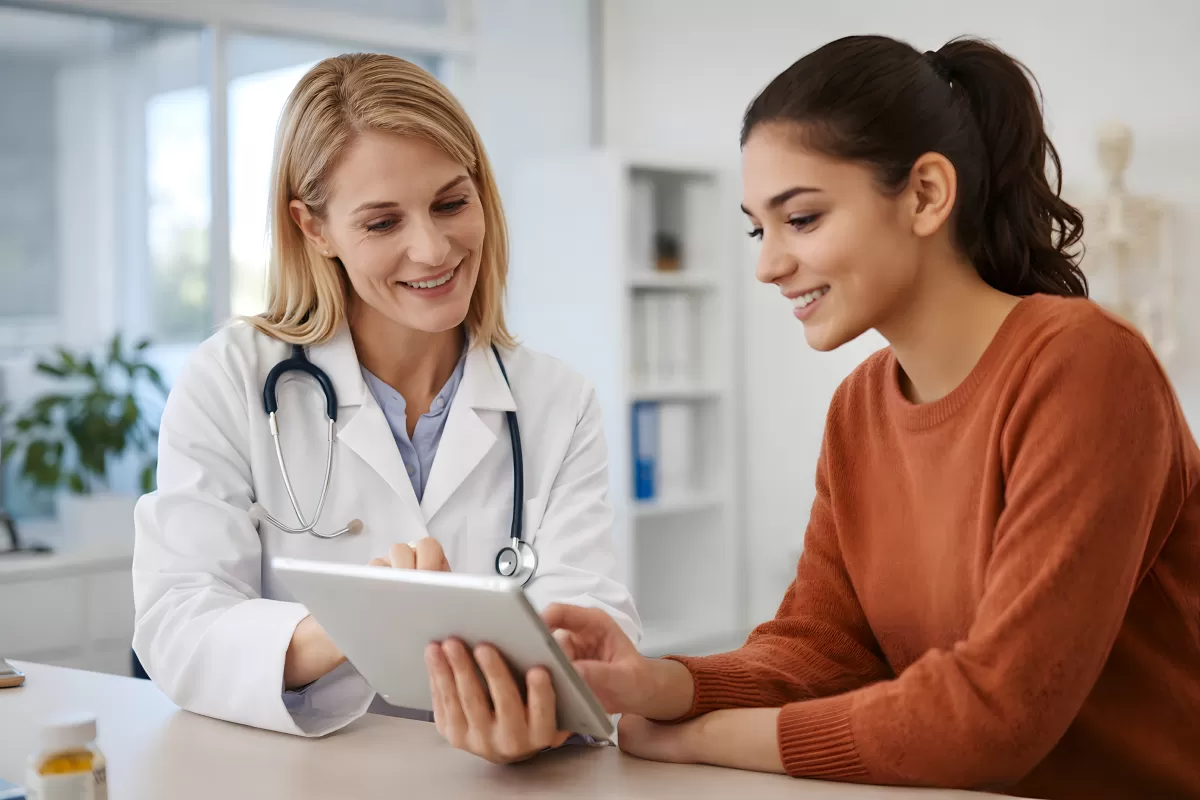 Ärztin zeigt Patientin Befund auf digitalem Tablet