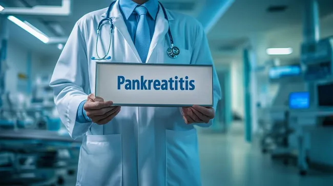 Ärztin zeigt Schild mit Pankreatitis-Diagnose in moderner Klinik