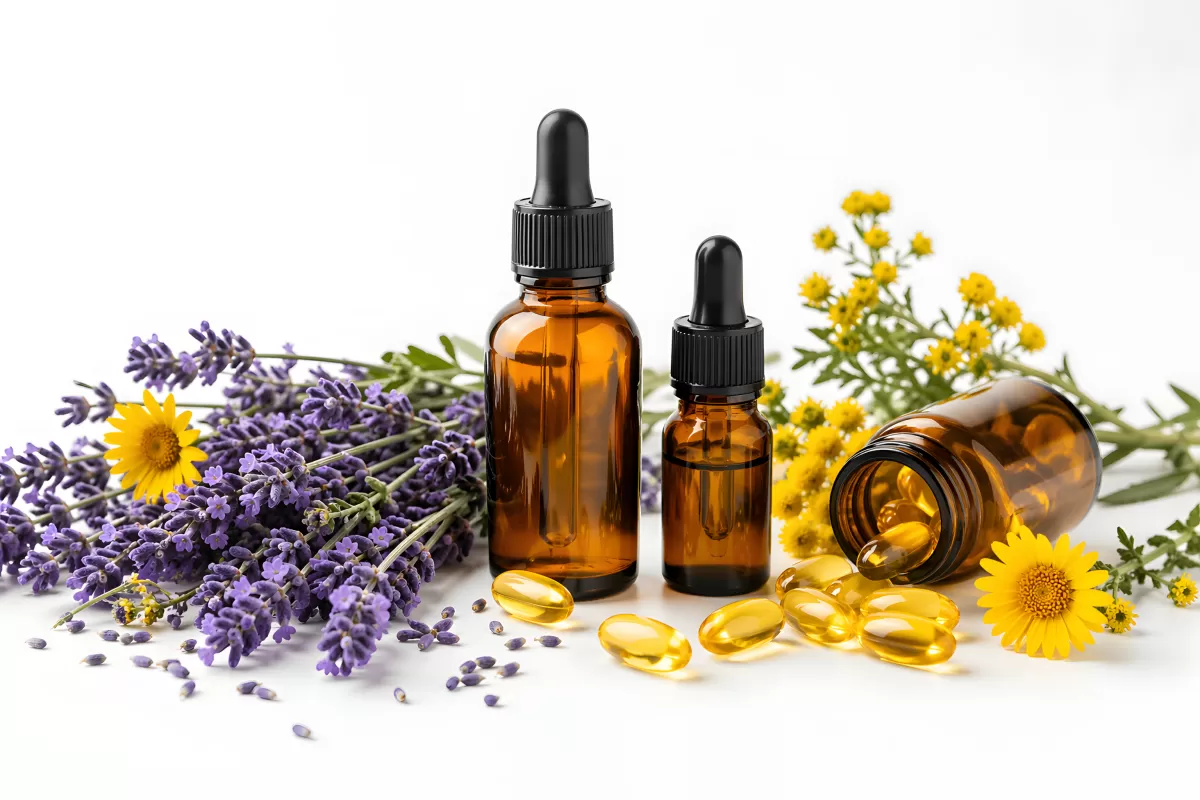 Ätherische Öle mit Lavendel und Kapseln auf Weiß