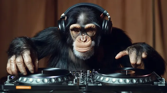 Affe als DJ mit Kopfhörern an Mischpult
