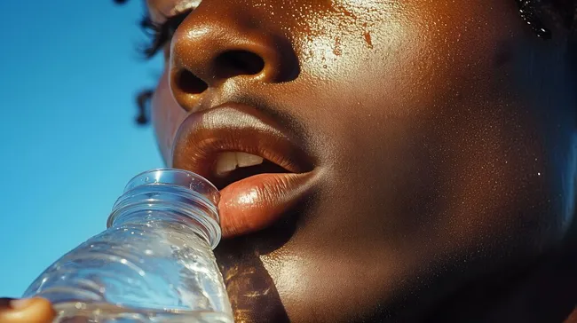 Afrikanische Frau trinkt erfrischendes Mineralwasser