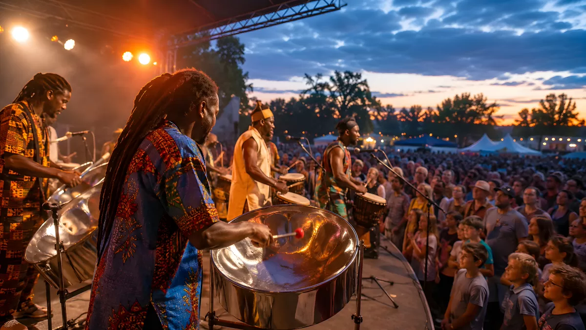 Afrikanische Trommler bei Freiluftkonzert im Sonnenuntergang