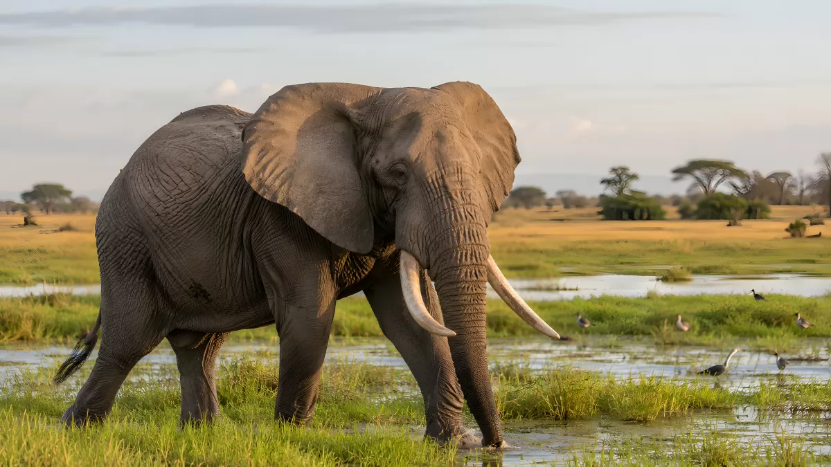 Afrikanischer Elefant durchquert sumpfige Savanne