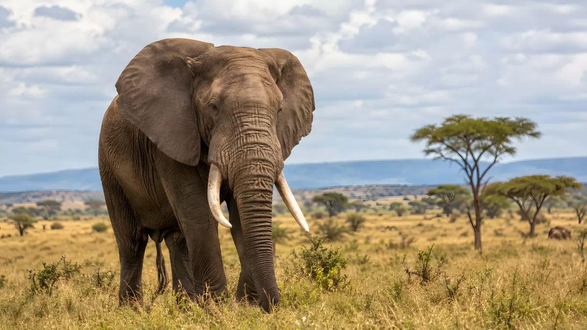 Afrikanischer Elefant in der Savanne mit Stoßzähnen