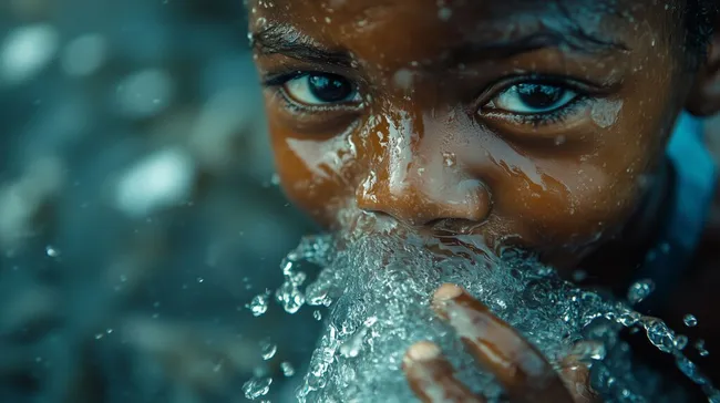 Afrikanischer Junge trinkt erfrischendes Wasser aus der Natur