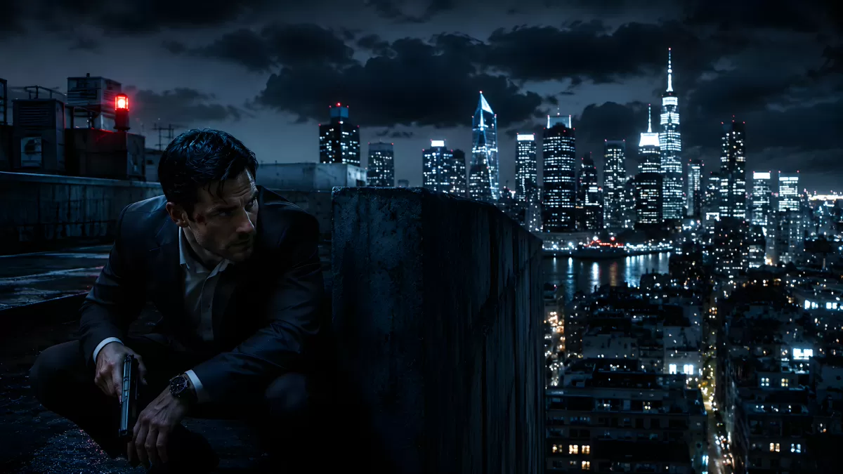 Agent mit Pistole auf Hochhausdach bei Nacht