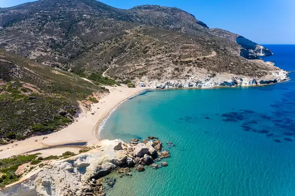 Agios Ioannis: one of the most remote and solitary beaches on Milos, on its west coast. Drone photo