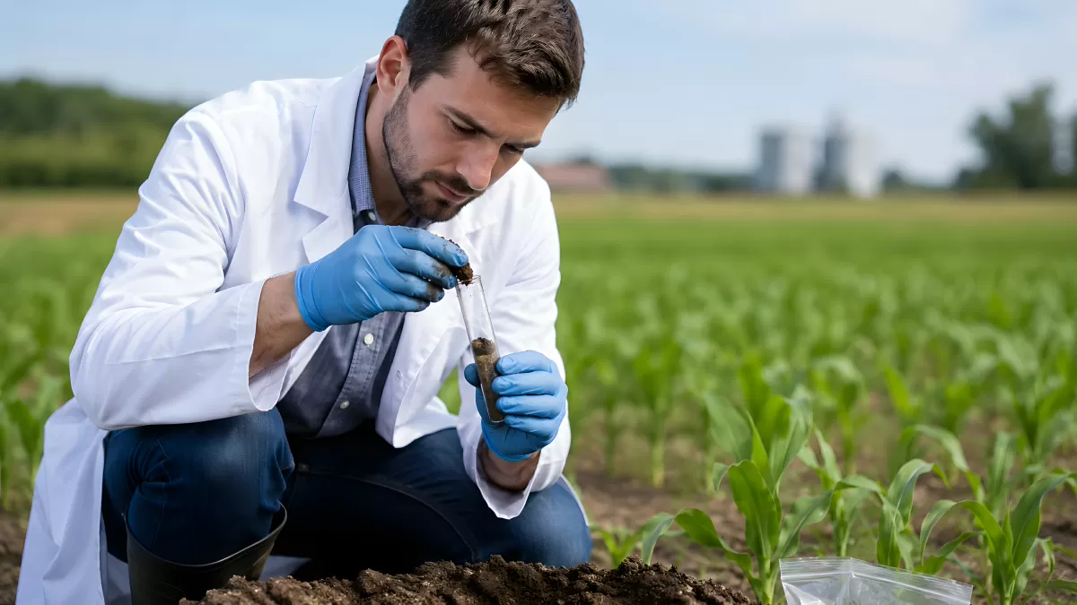 Agrarwissenschaftler entnimmt Bodenprobe auf Maisfeld
