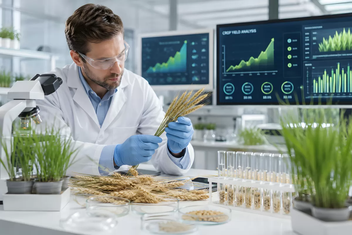 Agrarwissenschaftler untersucht Weizenähren im Labor