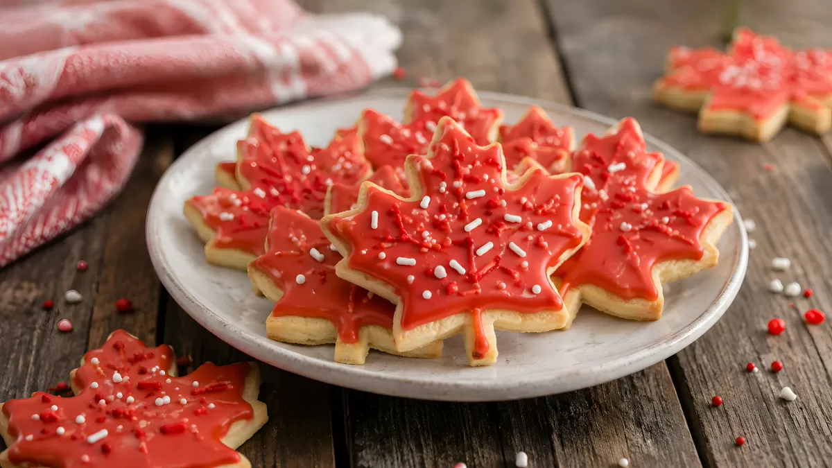 Ahornblatt-Kekse mit roter Glasur auf Holztisch