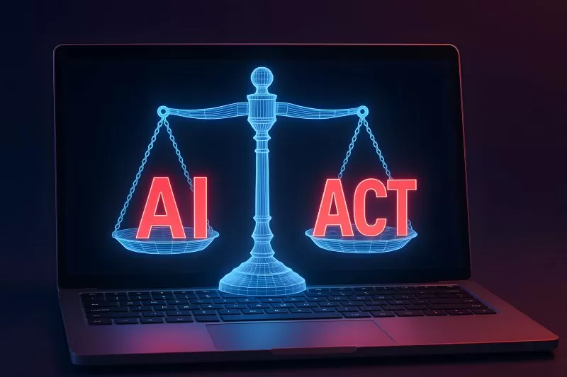 AI Act Waage auf Laptop zur Regulierung von künstlicher Intelligenz