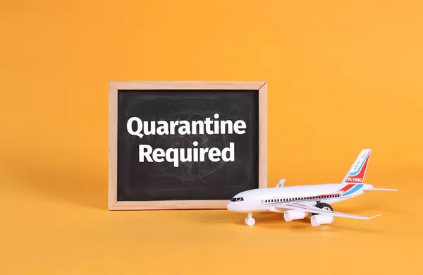 Airplane and blackboard with Quarantine Required text