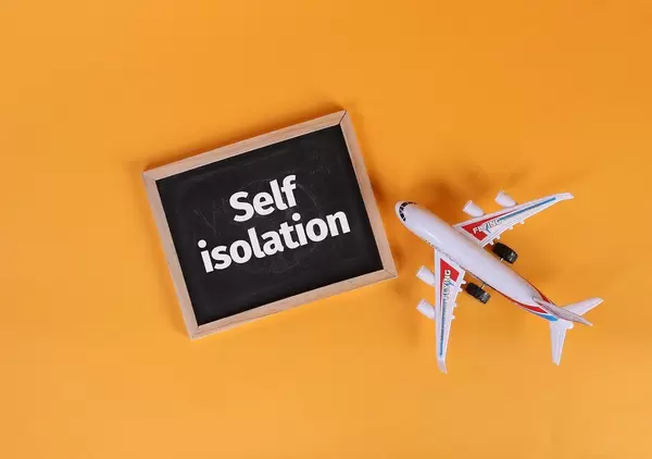 Airplane and blackboard with Self isolation text