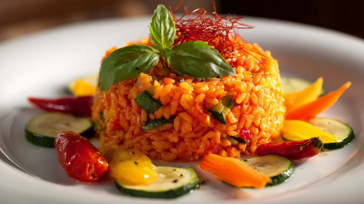 Ajvar Gemüsereis aus dem Römertopf angerichtet