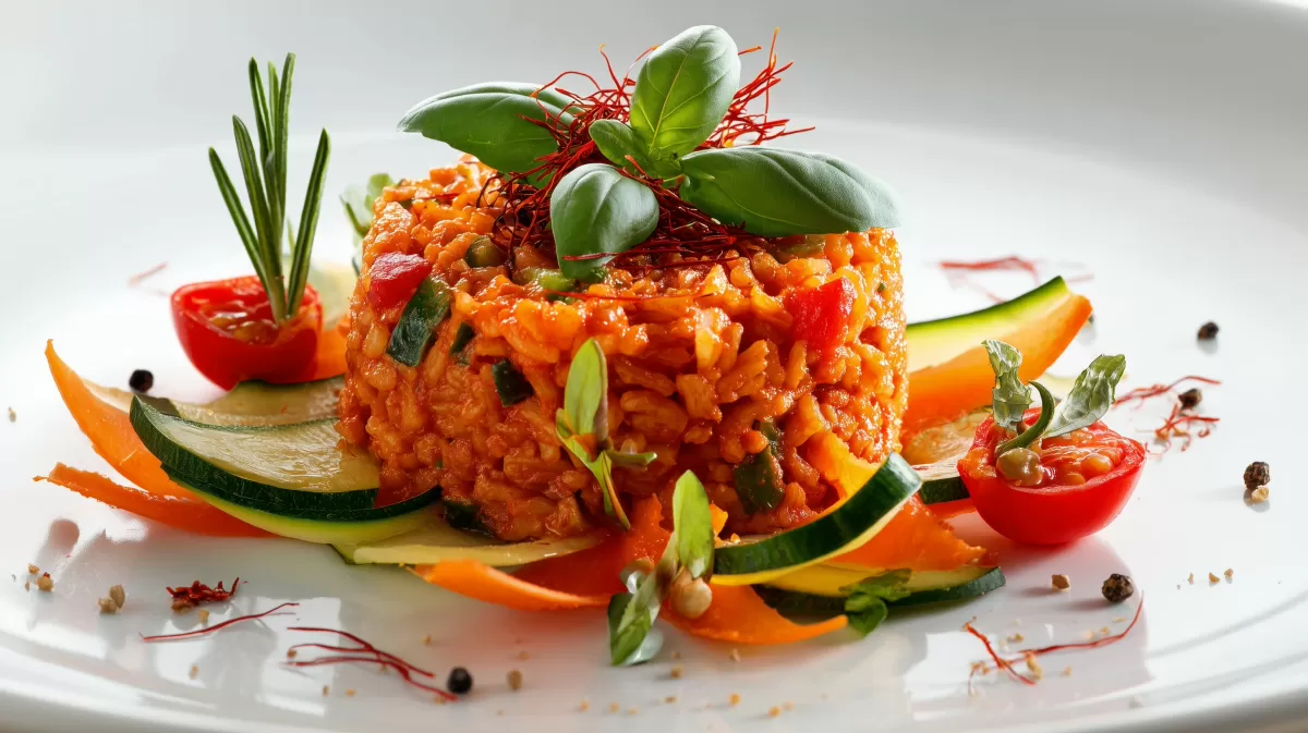 Ajvar Gemüsereis elegant angerichtet auf weißem Teller