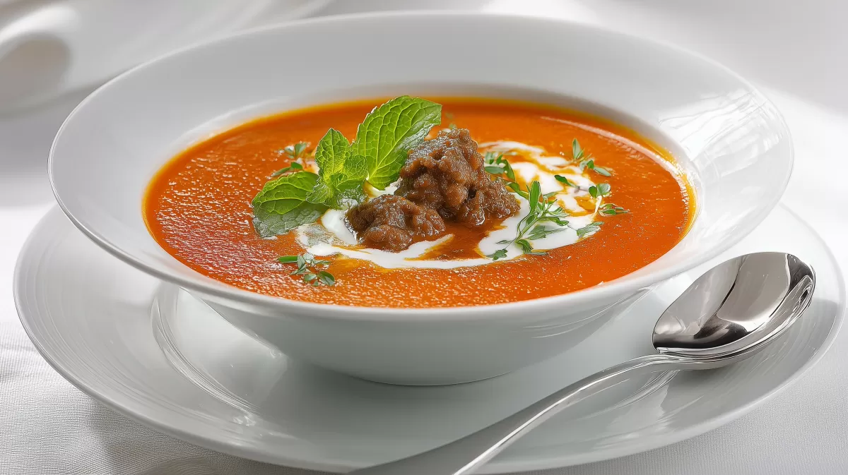 Ajvar Hackfleischsuppe mit Sahne und frischer Minze
