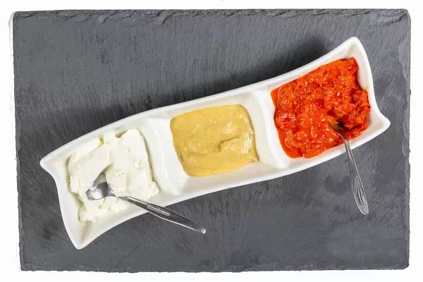 Ajvar Mustard and Tartar Sauce served on the black stone tray (Flip 2019)