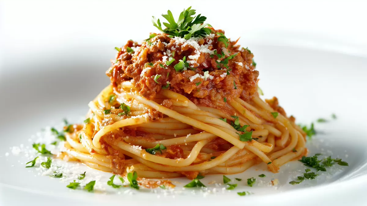 Ajvar Tatar Spaghetti mit Hackfleisch auf Teller