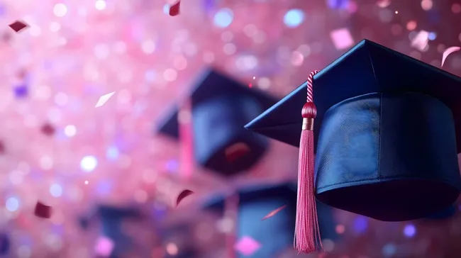 Akademische Abschlussfeier mit Graduiertenmütze auf Glitzerhintergrund