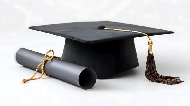 Akademische Absolventen-Hut und Diplom auf weißem Hintergrund