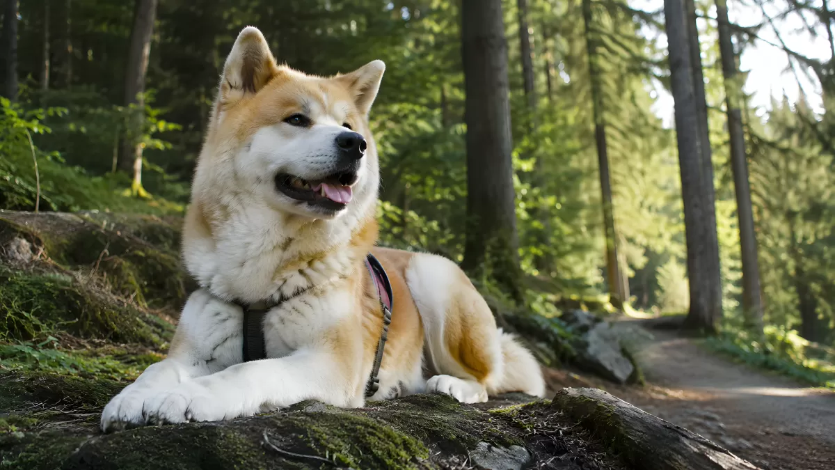 Akita Inu liegt auf Felsen im sommerlichen Wald