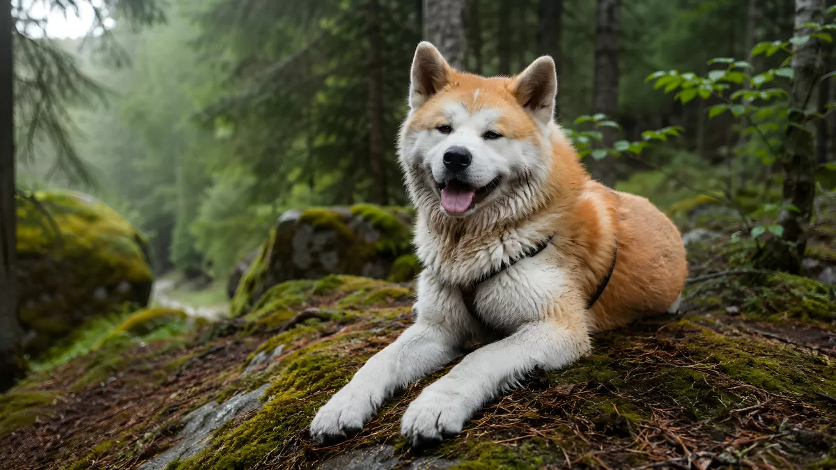 Akita Inu liegt auf Moosfelsen im Nebelwald — Bild kostenlos herunterladen