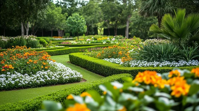 Akkurat angelegter botanischer Garten mit üppigem Blütenteppich