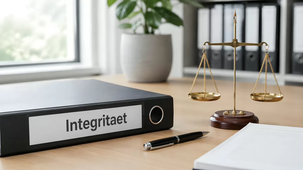 Aktenordner Integrität mit Waage auf Schreibtisch