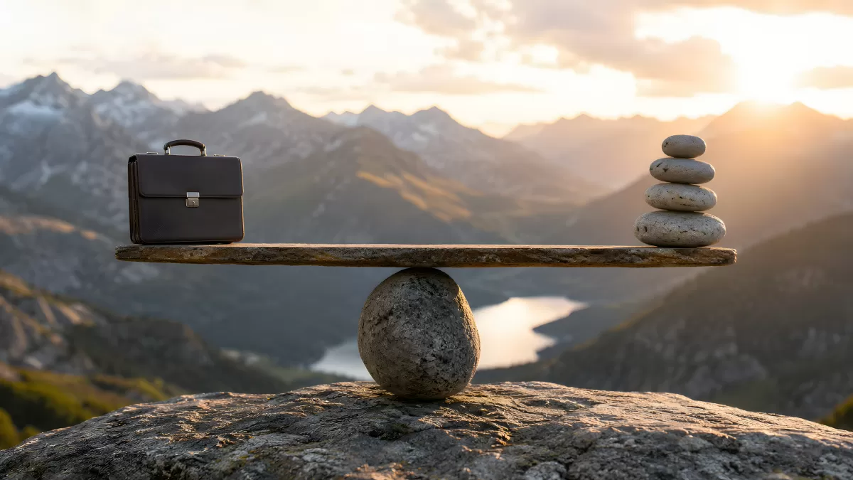 Aktentasche und Steine auf Holzbrett in Balance
