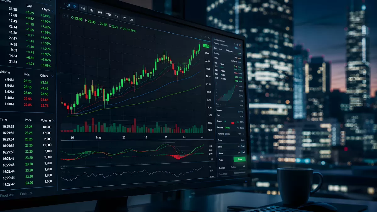 Aktienhandel auf Monitor mit Kerzenchart und Stadtkulisse