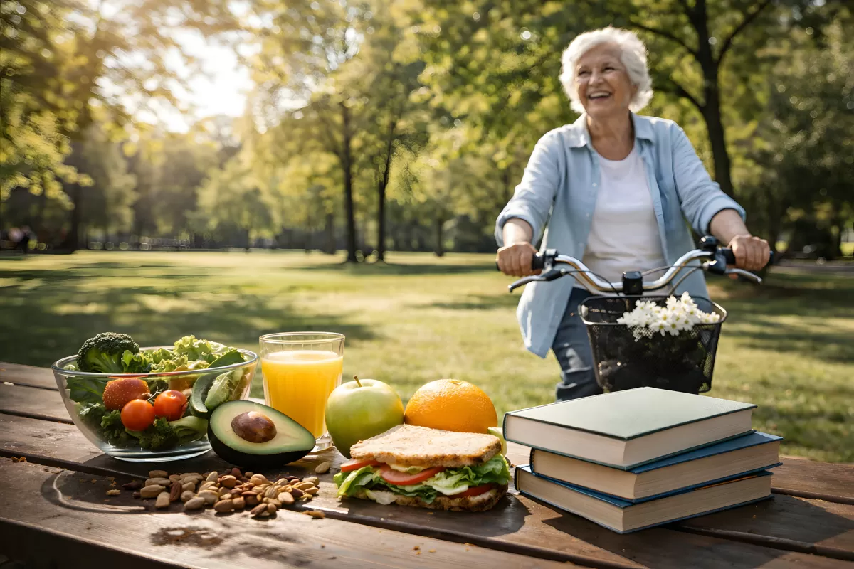 Aktive Seniorin mit Fahrrad und gesunder Ernährung im Park