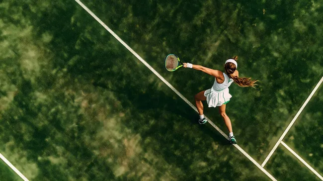 Aktive Tennisspielerin im weißen Outfit beim Aufschlag