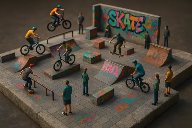 Aktiver Miniatur-Skatepark mit Extremsportlern