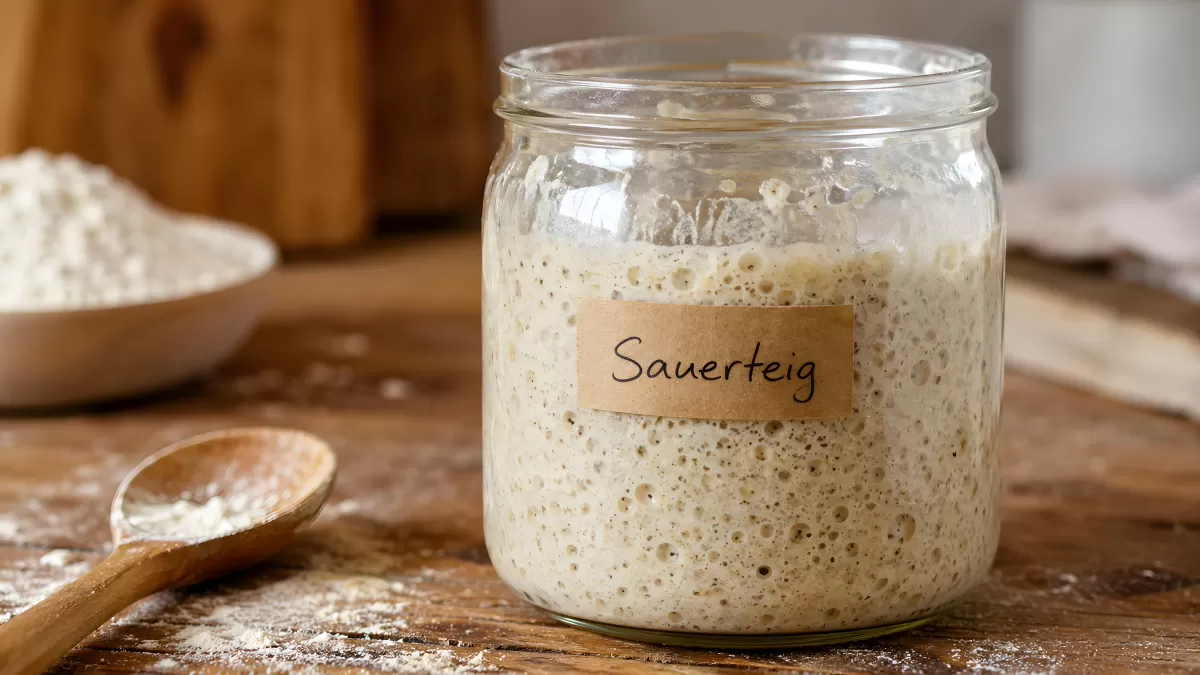 Aktiver Sauerteig in Glas mit Blasen auf Holztisch