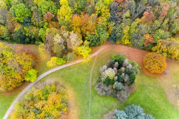 Aktivitäten im Herbst: Luftbild zeigt Parkanlage, umgeben von farbenfrohen Laubblättern und Waldstück im Kölner Forstbotanischen Garten