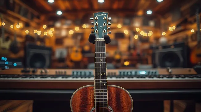 Akustikgitarre mit Stimmgerät in gemütlichem Musikstudio